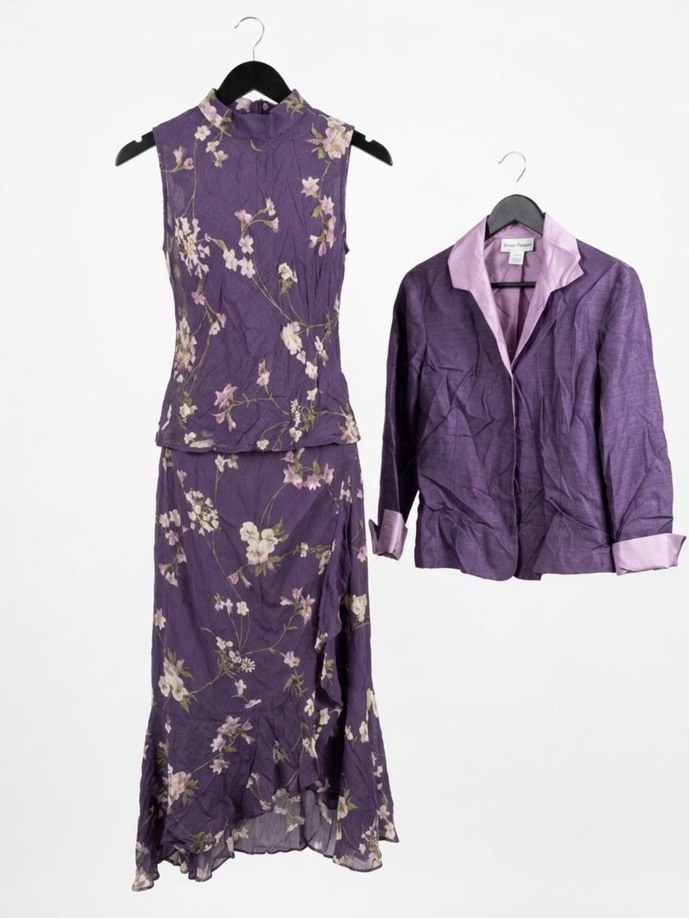 Vtg 90s Rena Rowan Purple Silk Floral 3Pc Skirt Suit Set Blazer Skirt 8/10P